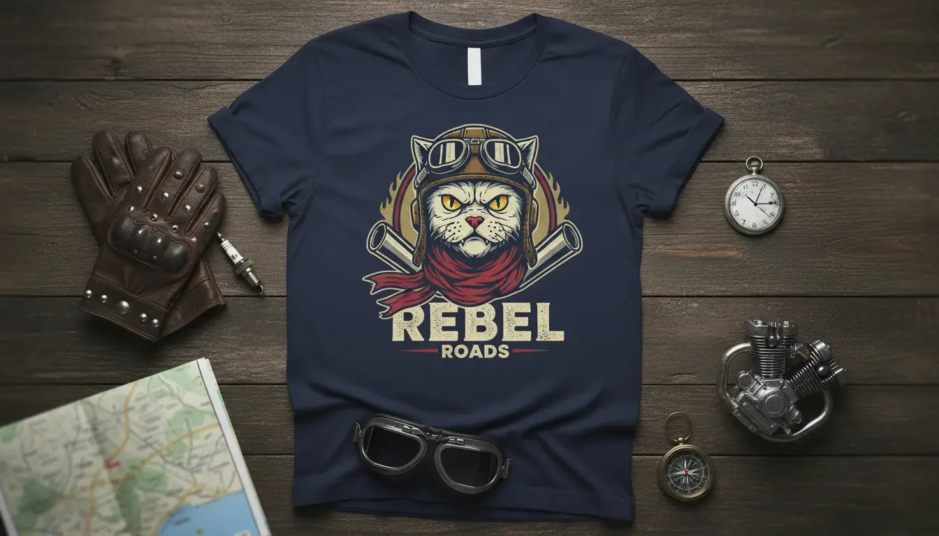 Rebel Roads graphic t-shirt featuring a determined biker cat with helmet and goggles, ready for adventure