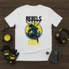White t-shirt with "REBELS 2020" text above an anime-style urban ninja character holding swords, with a city skyline in the