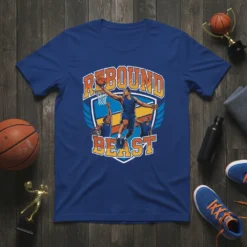 Rebound Beast basketball player dunking graphic on a blue t-shirt