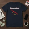 Recession. T-Shirt with a red downward arrow, piggy bank, and scattered coins, depicting economic downturn