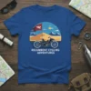 Recumbent cycling adventures text on a blue t-shirt with a graphic of a recumbent bicycle and a flag in a