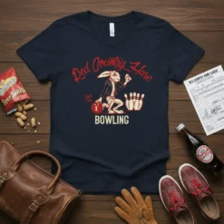 Red Country Hare Bowling T-Shirt with a retro graphic of a rabbit in a leather jacket holding a bowling ball