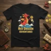 Red Dragon Adventures text with a cartoon red dragon on a mountain peak, holding a compass and scroll