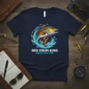 Red Drum King Aqua Shatter t-shirt design featuring a leaping red drum fish with water splash graphics