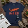 Red Eft t-shirt design with an orange newt illustration and gothic font text "Red Eft"