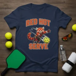 Red panda playing pickleball with "Red Hot Serve" text on a navy blue t-shirt