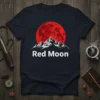 Red Moon t-shirt design featuring a red moon graphic above snow-capped mountains with white text "Red Moon"