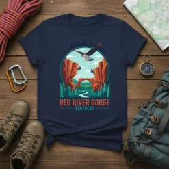 Red River Gorge Kentucky t-shirt design featuring rock climbers, eagle, river, and mountains