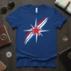 Red starburst graphic t-shirt with red, white, and blue streaks on a blue shirt