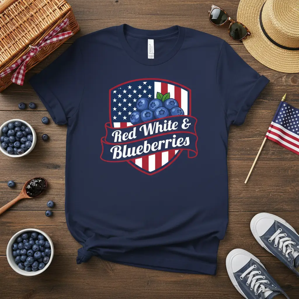 Red White & Blueberries patriotic design featuring blueberries and American flag shield graphic