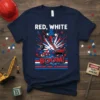 Red, White & Boom! patriotic t-shirt with a demolition crane and explosive graphic in red, white, and blue