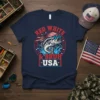 Red White & Bruh USA t-shirt with a bass fish wearing sunglasses and bandana, patriotic theme