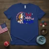 Red White and Beagle text with a patriotic beagle dog graphic on a blue t-shirt