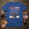Red White And Blue Monster Truck T-Shirt with fireworks and American flag design elements