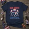 Red White And Feral text with a raccoon wearing a cowboy hat and sunglasses, on a navy blue t-shirt, patriotic