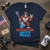 Red White and Rizz text with a muscular gorilla playing a guitar, designed for patriotic American apparel