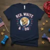 Red White and Woo t-shirt design featuring a golden retriever wearing an American flag bandana with patriotic fireworks and text