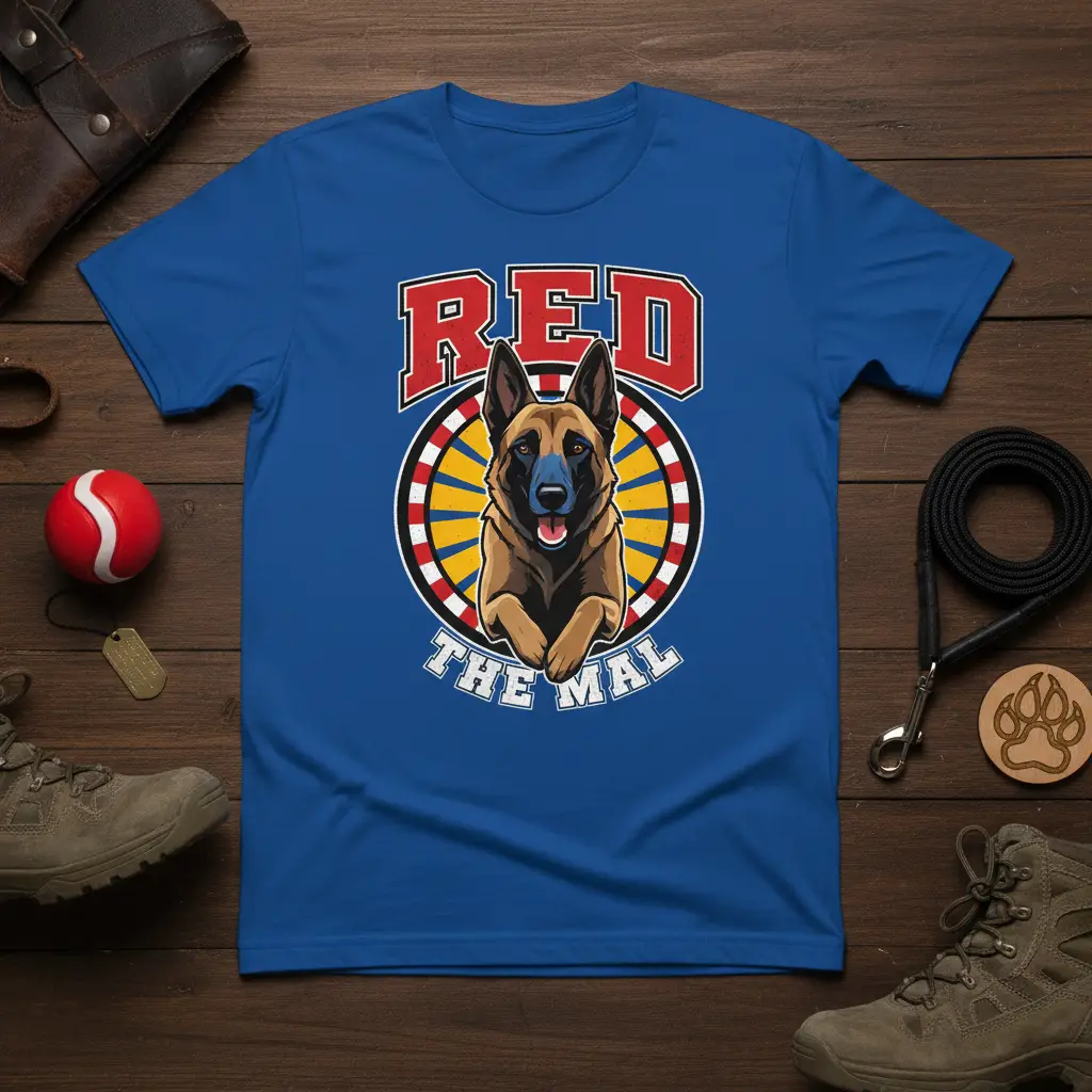 Red The Mal Belgian Malinois dog portrait design with bold lettering and target graphic on a blue t-shirt