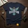 Dark navy t-shirt with the word REDEMPTION in white, above a stylized white, blue, and yellow phoenix graphic
