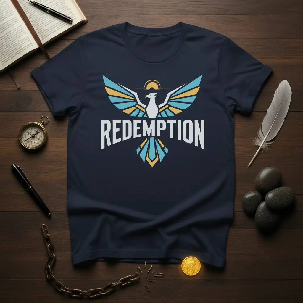 Redemption t-shirt design with a stylized phoenix in white, yellow, and blue symbolizing freedom