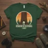 Vintage Redwood In California (1903) t-shirt design featuring a giant redwood tree with people inside and a sunset landscape