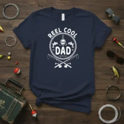 Reel Cool Dad t-shirt design featuring fishing rods, fish, and a bobber with white text