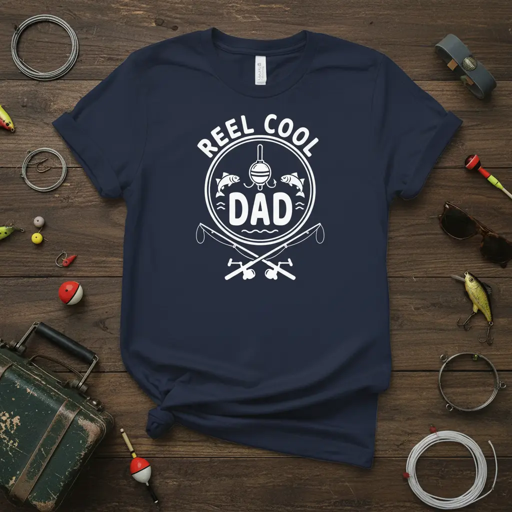 Reel Cool Dad fishing t-shirt design with crossed rods, fish, and bobber graphic