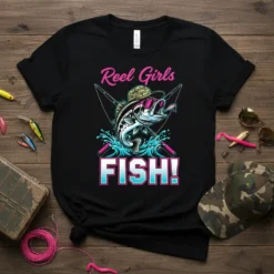 Reel Girls FISH! text with a bass fish, sunglasses, and fishing rods graphic on a black t-shirt