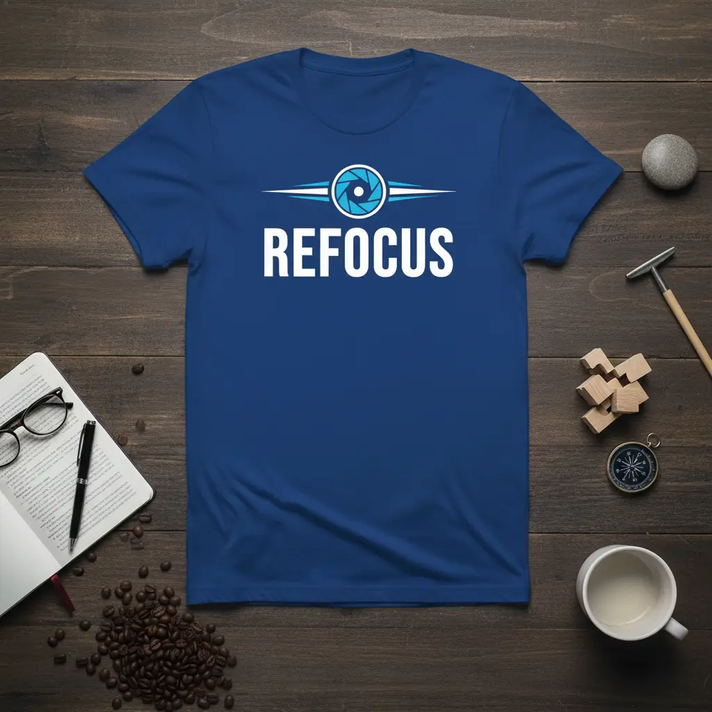 Blue t-shirt featuring the bold white text REFOCUS and a central camera lens graphic for photographers