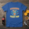 Refreshing Fizzy Pop text with a cartoon glass of soda, vibrant splashes, and straws on a blue t-shirt