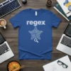 Blue t-shirt with "regex" text, a circuit board star graphic, and a magnifying glass search icon in white