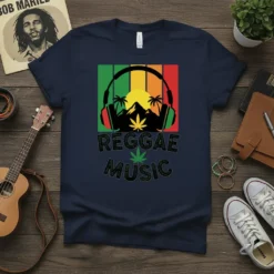 Reggae Music T-Shirt design with headphones, mountains, palm trees, and cannabis leaf graphic on a navy blue shirt