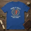 Regina et Puella Domina atque Bellatrix Orleans Sancta Iuanna text with shield and laurel wreath graphic on blue t-shirt