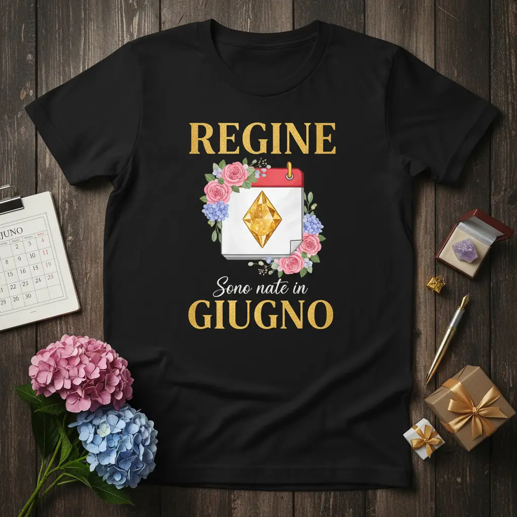 Regine Sono Nate in Giugno Italian birthday quote with floral calendar and diamond graphic