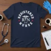 Registered RN Nurse t-shirt design featuring white text in a circle around a caduceus symbol and "RN"