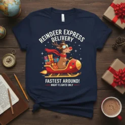 REINDEER EXPRESS DELIVERY FASTEST text design featuring detailed typography on quality t-shirt
