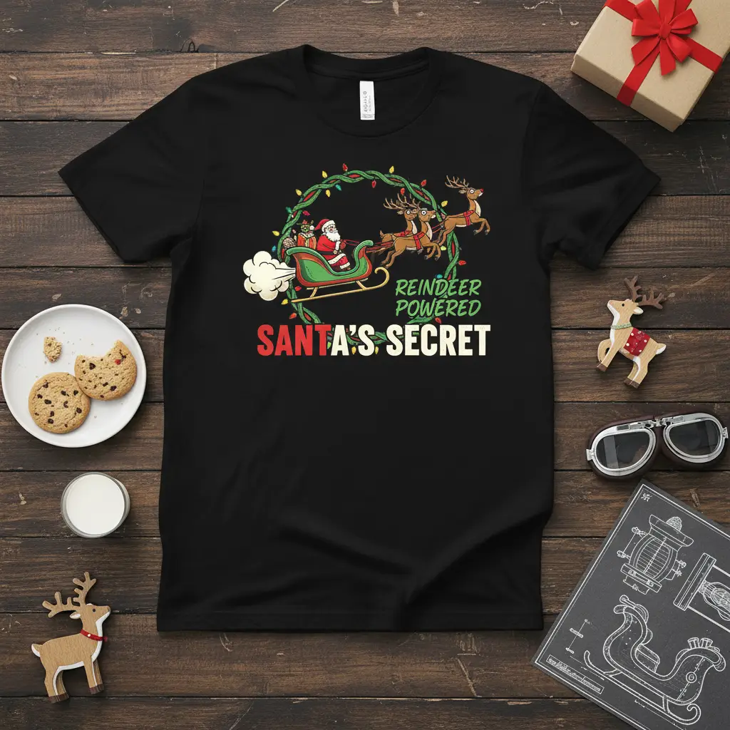 Reindeer Powered Santa's Secret quote design with Santa in sleigh and flying reindeer, festive lights