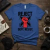 Reject Defy Resist fist and lightning bolt graphic t-shirt design in black and red on blue fabric