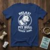 Pitbull wearing a bandana with "RELAX! It's a PIT BULL ***Not a*** FREAKIN' SHARK" text, white design on navy blue