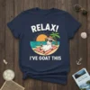 Funny t-shirt with "RELAX! I'VE GOAT THIS" text and a cartoon goat relaxing on a beach