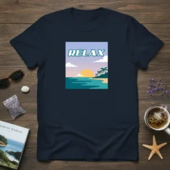 Navy blue t-shirt with the word "RELAX" above a tropical beach sunset graphic, including palm trees and ocean waves