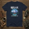 Relax We're On Cabin Time t-shirt with a mountain cabin scene graphic, moon, and stars