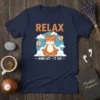 Relax And Let It Go cat yoga design with meditating cat, hot air balloons, and clouds