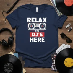 Navy blue t-shirt with "RELAX THE DJ'S HERE" text and a graphic of DJ turntables