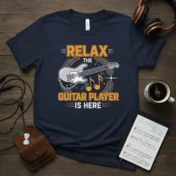 Navy t-shirt with text "RELAX THE GUITAR PLAYER IS HERE" and a graphic of an electric guitar and musical notes