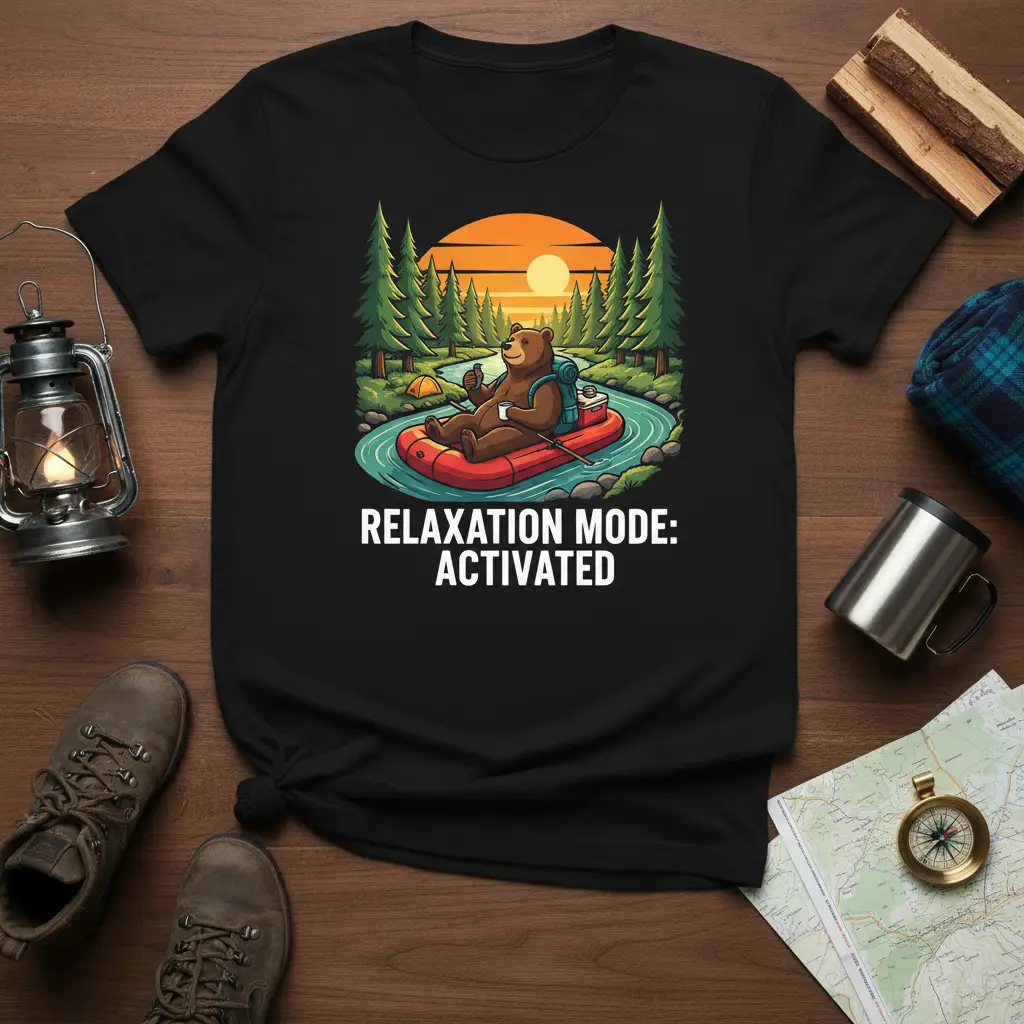 Relaxation Mode: Activated text with a bear floating in a raft, perfect for camping and outdoor adventures