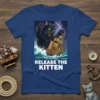 Release the Kitten text on a t-shirt featuring a black cat attacking a ship in a stormy sea under lightning