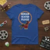 Remain Seated Please text with a silhouette of a person sitting in a theater chair, on a royal blue t-shirt
