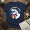 Remember Who You Are T-Rex galaxy design on a navy blue t-shirt with stars and colorful planets