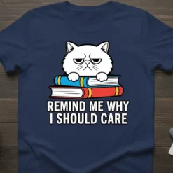 Grumpy cat sitting on books with text "Remind Me Why I Should Care" on a navy blue t-shirt
